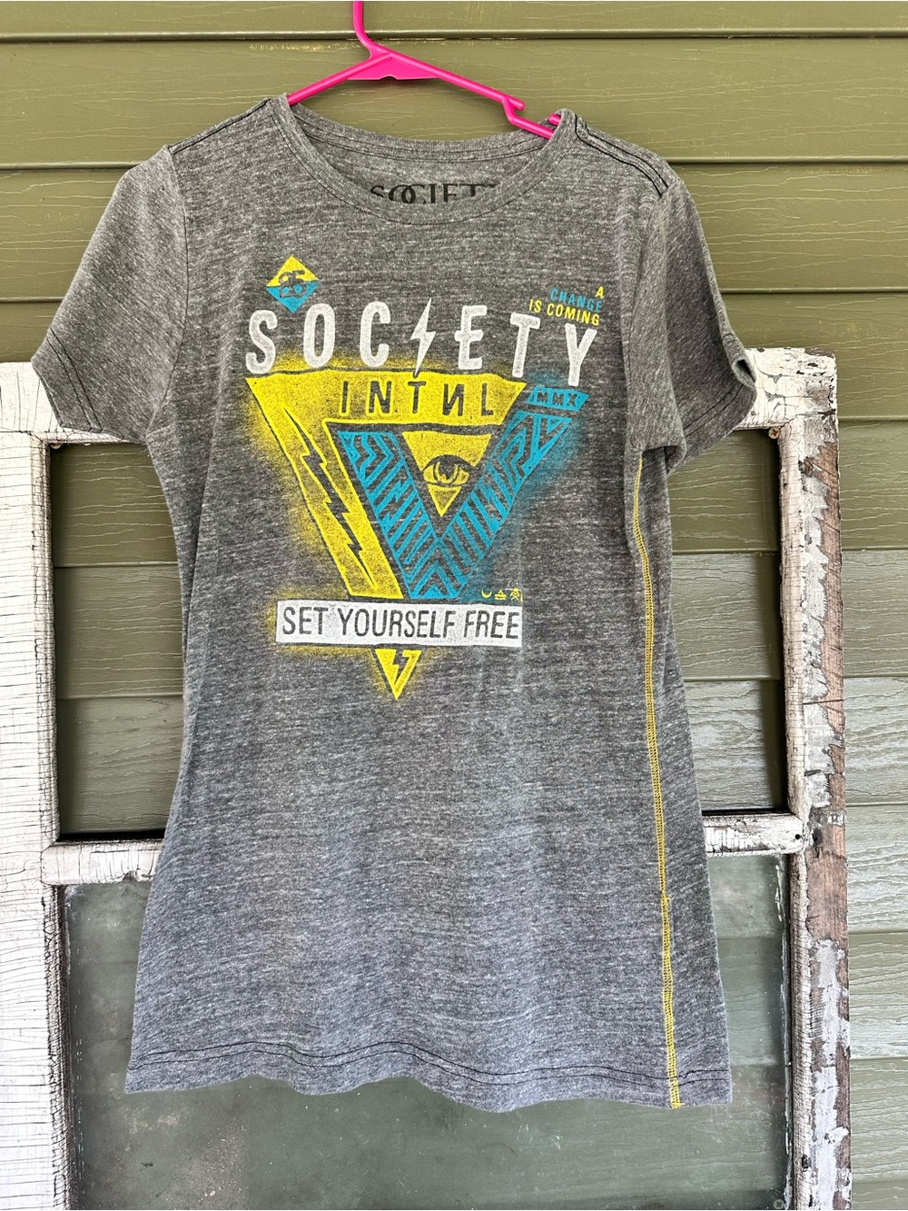 Society Gray Graphic Kids Tee with Yellow & Teal Accents
